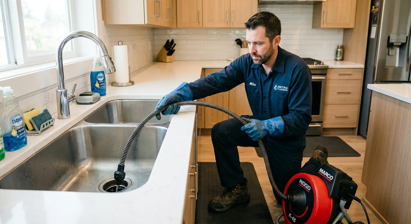 Drain cleaning technician using a motorized snake on a kitchen sink in Sherrelwood