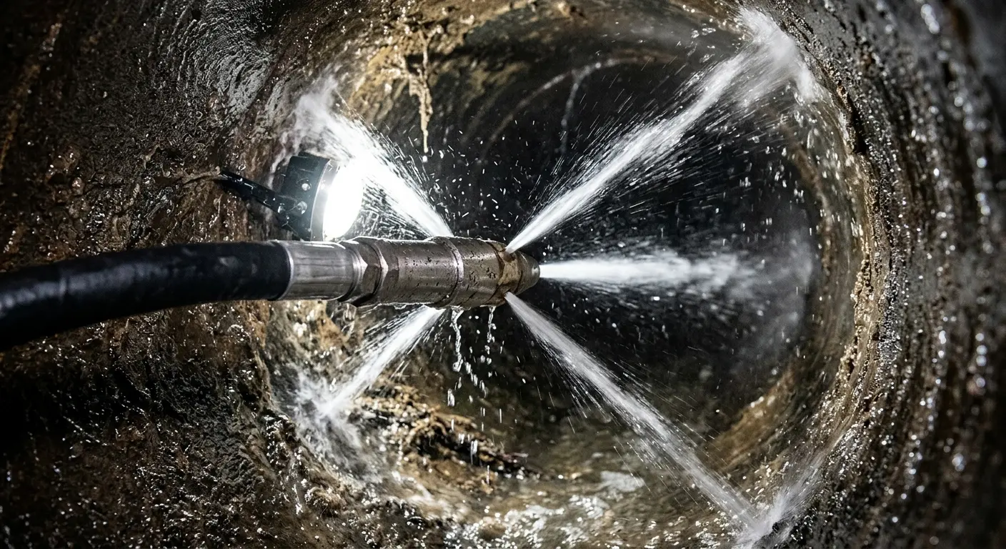 High-pressure hydro jetting nozzle cleaning sewer pipe for Trenchless Sewer Repair in Sherrelwood