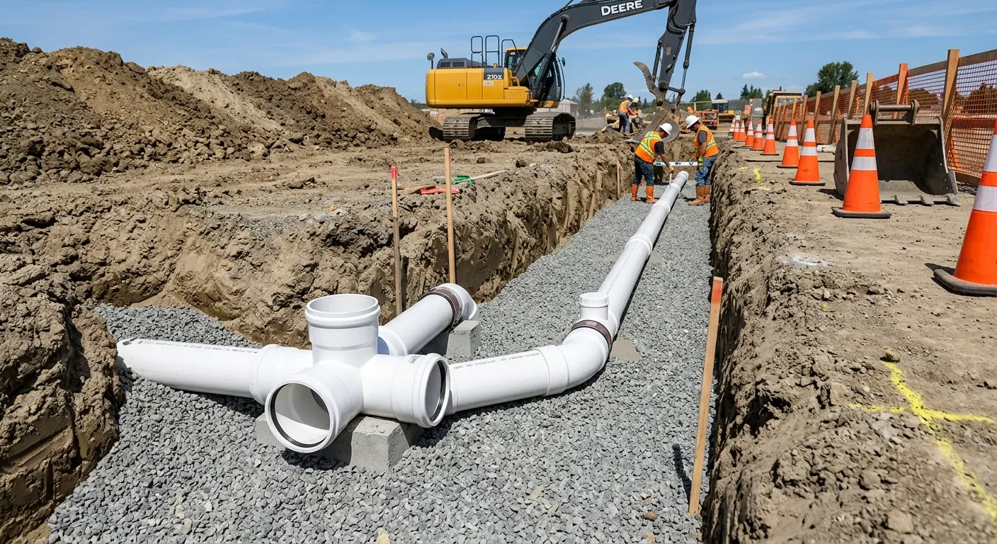 New PVC sewer pipe installation in open trench for Sewer Backup in Sherrelwood