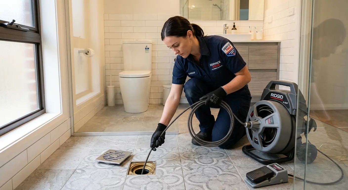 Technician clearing a bathroom floor drain for Drain Cleaning in Sherrelwood